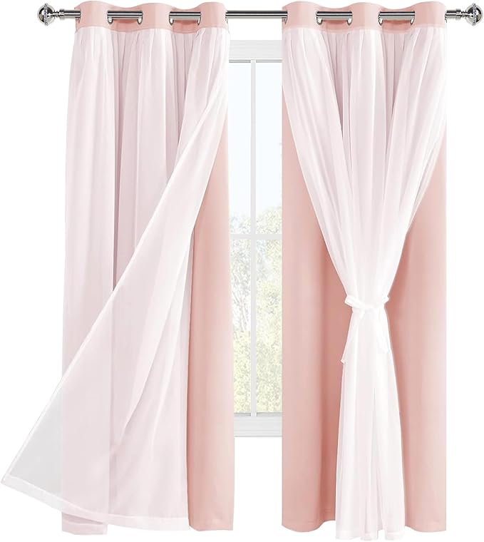 Hiasan Blackout Curtains with Sheer Overlay, Thermal Insulated Mix & Match Double Layer Room Darkening Window Curtains for Bedroom,Living Room, Nursery 2 Panels with Tiebacks(42W X 63L,Blush Pink)