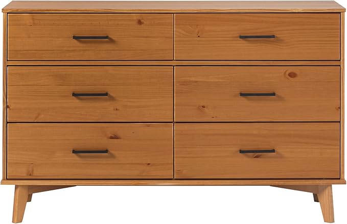 Walker Edison Sloane 6-Drawer Solid Wood Dresser with Metal Handles, 52 Inch, Caramel