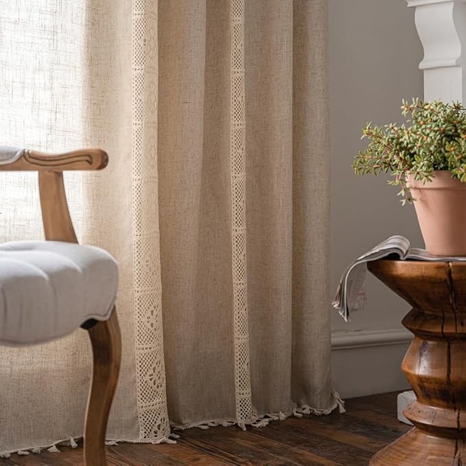 OYX Boho Curtains 84 Inch Length 2 Panels for Living Room, Bedroom Light Filtering Drapes, Farmhouse Vintage Country French Rustic Tassels Pattern Rod Pocket Aesthetic Decor Window Treatments
