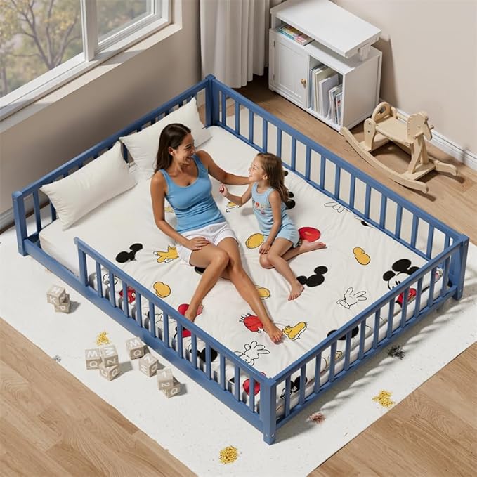 i-POOK Full Floor Bed Frame with Wood Slats, High Fence & Small Door, Pinewood Montessori Floor Bed for Girls and Boys, Mist Blue
