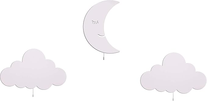 2X Cloud+1 Moon Wall Light, + Silver Star Stickers, Nursery Room Decor Wall Light Set of 3 Wooden Wall Light with LED, 100pcs Silver Star Wall Decals Gift!