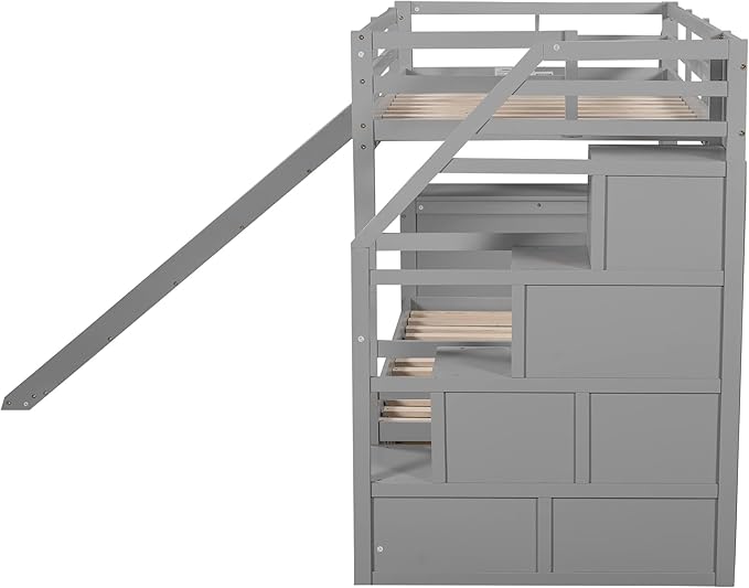 Twin Over Twin Bunk Bed with Storage Staircase and Slide, Wooden Bunk Bed Frame with Desk and Drawers, Multifunctional Bunk Bed for Kids Teens Adult Bedroom (Gray + Pine-Twin-04)