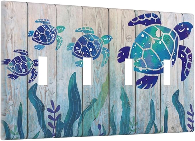 Sea Turtle Grass Seaweed on Rustic Wooden Board Quad Toggle Wall Plate Covers Decorative 4-Gang Wall Plates Ocean Grass Seaweed Electrical Switchplate for Bathroom Bedroom Kitchen Decor 4.5 X 8 In