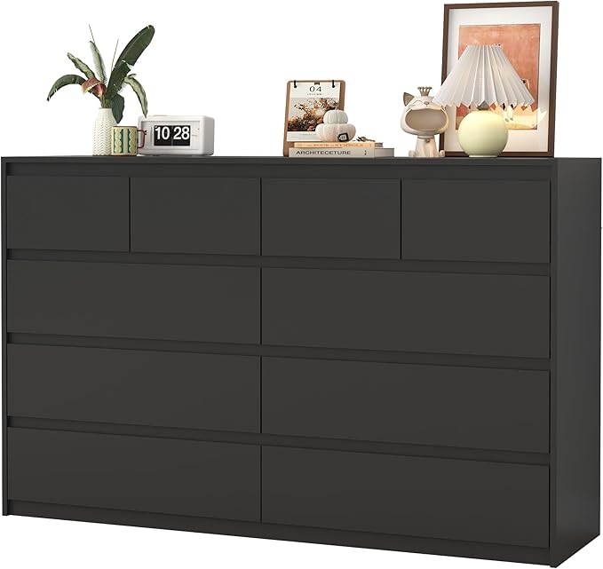 Black Malm Dresser for Bedroom, 55" Wide 37" Tall Dresser with 10 Drawers, Modern Large Wood Chest of Drawer Handle Free, Living Room, Entryway, Hallway, Black