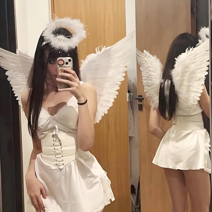SEVADA Black Angel Wings and Halo for Adult Women, Dark Devil Fallen Feather Angel Wings for Kids Girls