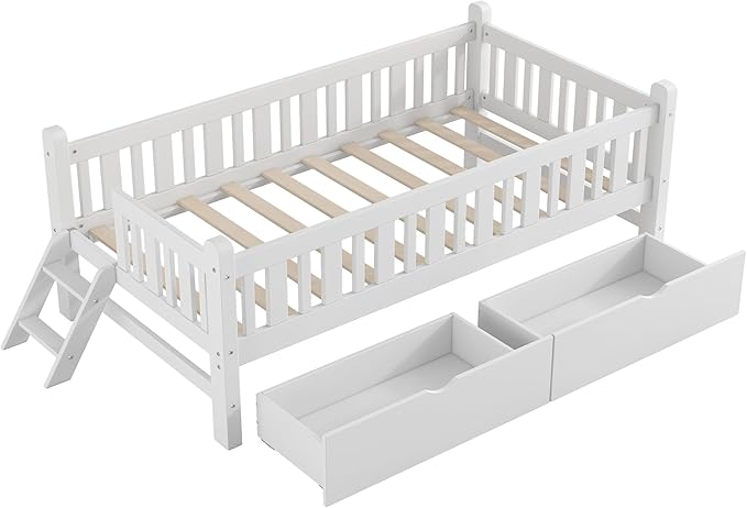 Wood Twin Size Platform Bed with Guardrail and 2 Drawers, Kids Bed with Ladder, Kids Montessori Style Bed Frame for Girls Boys (White)