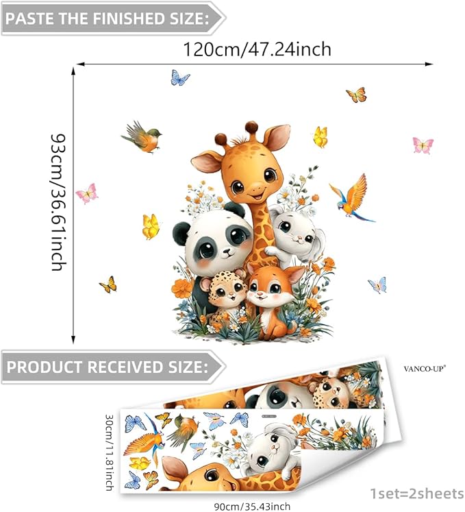 Jungle Safari Friends Wall Decal - Large 47" Animal Wall Sticker Set with Giraffe, Panda, Leopard for Kids Room, Removable Nursery Decor with Butterflies & Flowers, Playroom & Kindergarten Mural