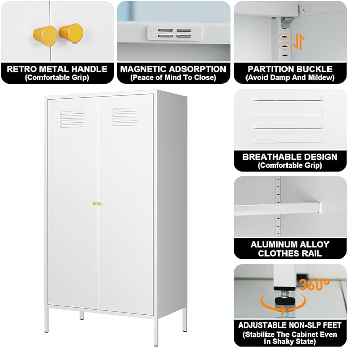 2 Door Metal Wardrobe,Storage Cabinet with Hanging Rod and 2 Freely Adjustable Shelves，Kids Tall Metal Armoire Closet for Kids Bedroom, Laundry Room,Home Bedroom(Steel Wardrobe, White)