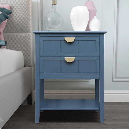 PElHONGET Nightstand with 2 Drawers, Accent End Table Mid Century Modern Side Table with Shelf Storage, Bed Night Stand with Metal Handles Wood for Bedroom, Living Room (Blue)