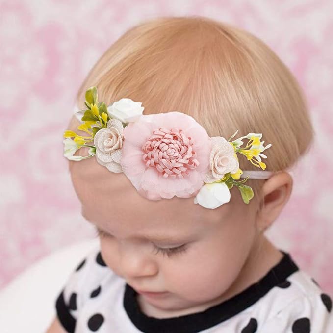 Baby Girl Floral Headbands- 3pcs Nylon Headband Handmade Flower Crown Elastic Hairband Newborn Toddler Hair Accessories Gifts for Girls （1-6 years old）