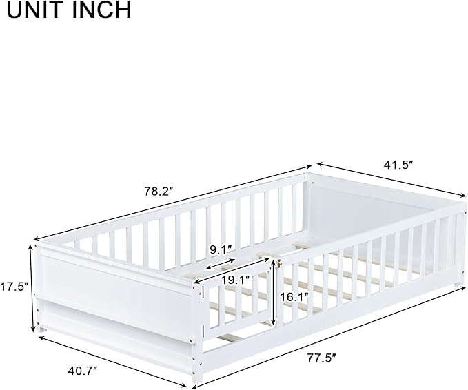 Floor Bed with Rails and Door Twin Size, Wood Montessori Floor Bed with Storage Bookcase, Kids Bed Frame with Fence for Boys Girls, White