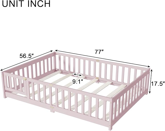 Full Size Floor Bed for Kids, Wood Montessori Floor Beds with Fence Railings, Door & Slats Support, Full Playhouse Bed Frame for Boys Girls, No Box Spring Needed, Pink