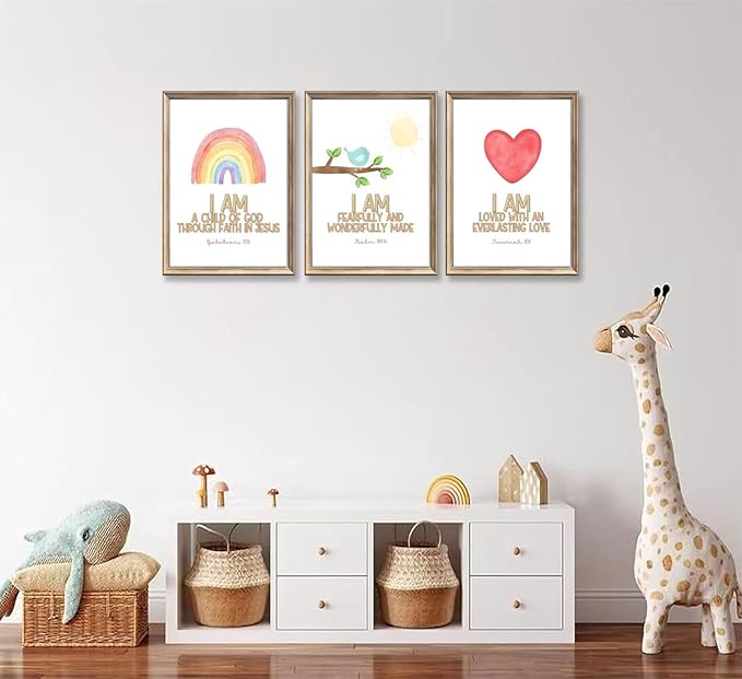 3Pcs Nursery Bible Verse Canvas Wall Art Colorful Rainbow Motivational Affirmation Wall Decor Pictures Christian Kids Scripture Introduction Posters Prints for Kids Room Nursery Home Decoration