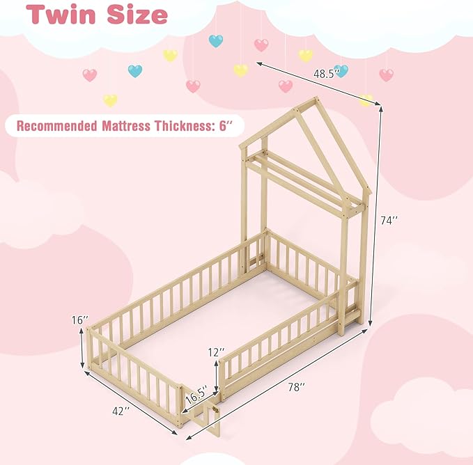 MAT EXPERT Twin Floor Bed with House-Shaped Headboard, Montessori Kids Bed with Detachable Clothes Hanger, Full Length Safety Guardrails, Solid Wood Twin Bed Frames for Kids (Natural)