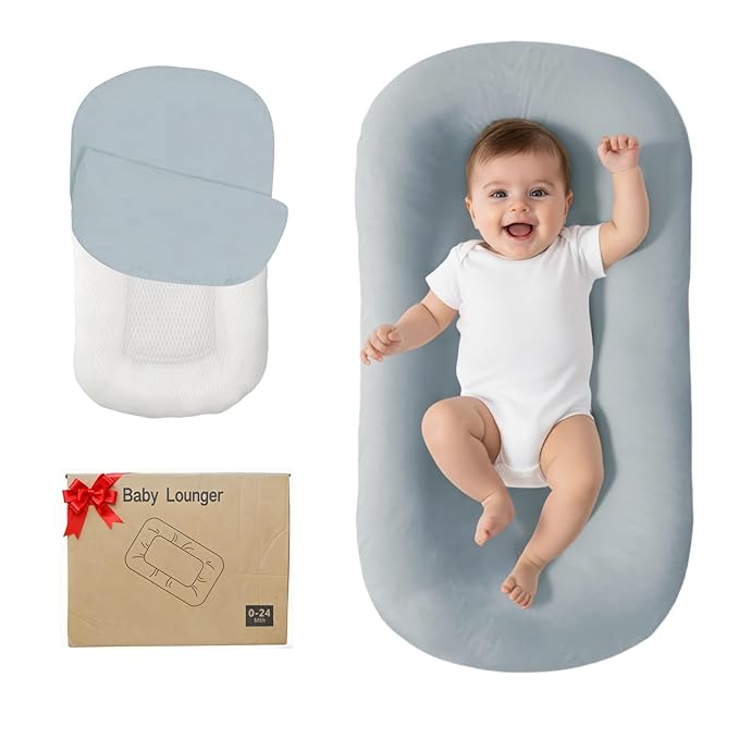 Lucakuins Baby Lounger, Bionic Design Baby Lounger for Newborn 0-24 Months, Soft Organic Cotton Breathable Lounger for Infants (Grayish Blue Baby Lounger)