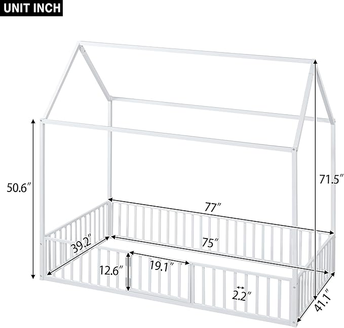 Bellemave Twin Size Kids House Bed - Metal Montessori Floor Bed with Fence and Door, White