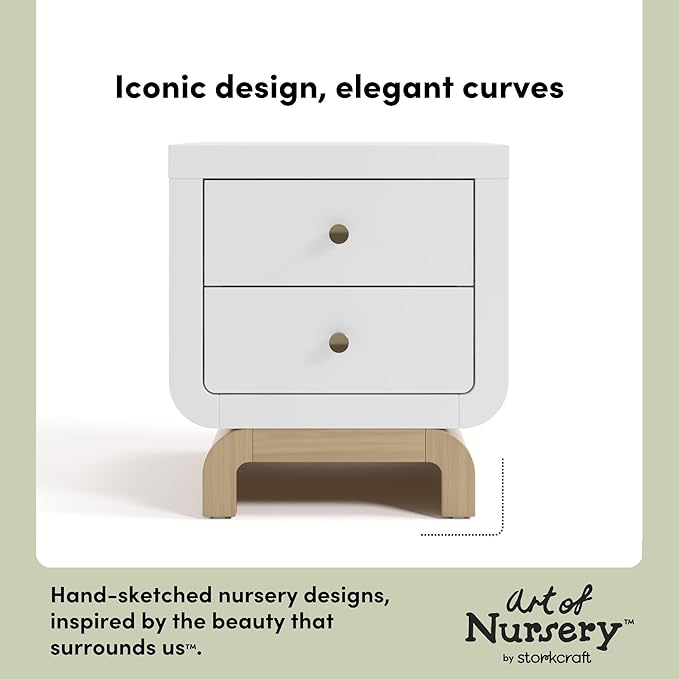 Storkcraft Santorini 2 Drawer Nightstand (White & Driftwood) - GREENGUARD Gold Certified Nightstand for Kids Bedroom, Premium Wood with Curved Base, “Champagne” Metal Knobs