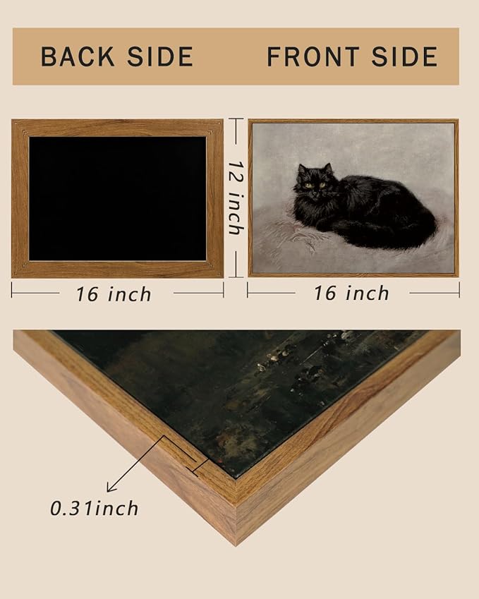 ARPEOTCY Vintage Framed Canvas Wall Art, 12x16inch, Black Cat Artworks, Modern Animal Oil Paintings Decor, Retro Classical Prints Hanging Wall Decor for Bathroom Living Room Bedroom Office