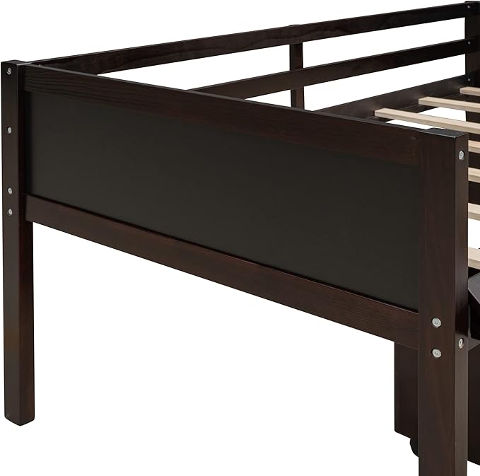 Play Fun Design Twin Size Loft Bed with Slide and Rope Climbing Ladder for Kids Boys Girls, Solid Wood Loft Bed Frame with 2 Storage Boxes and Double-sided Chalkboard, Sturdy Slat Support (Espresso-2)