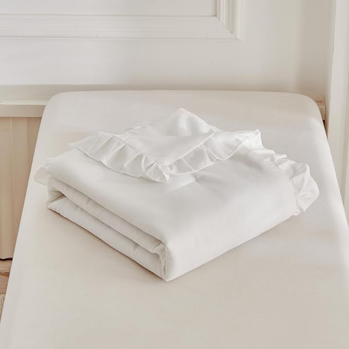 Ruffled Toddler Blanket Ruffle Comforter for Baby Toddler Girls, Soft Cozy Cute Quilted Blanket Breathable Microfiber Comfortable Down Alternative Small Size Quilt with Ruffle - 39"x 47" White