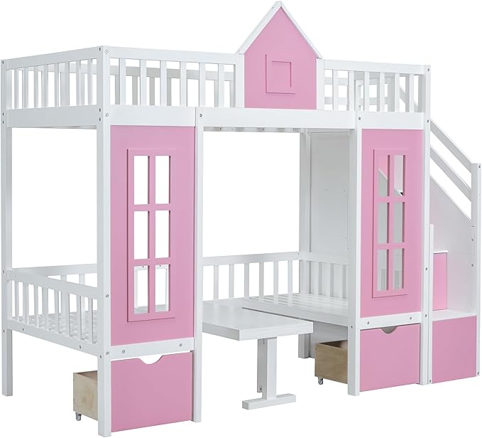 Playhouse Twin Size Loft Bed with Storage Staircase, Solid Wood Bunk Bed Frame with Guardrail for Kids Teens Boys Girls, Down Bed Convertible to Seats and Table Set (Pink-C)