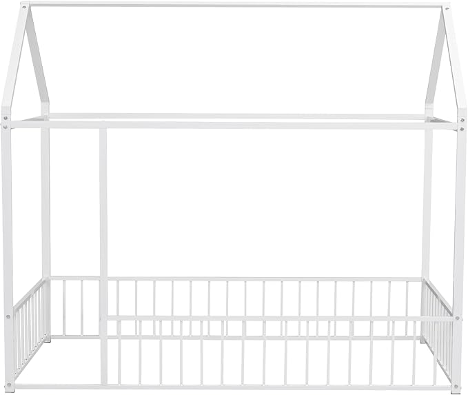 Bellemave Twin Size Montessori Floor Bed, Metal House Bed Frame for Kids, Montessori Floor Beds with Fence,White