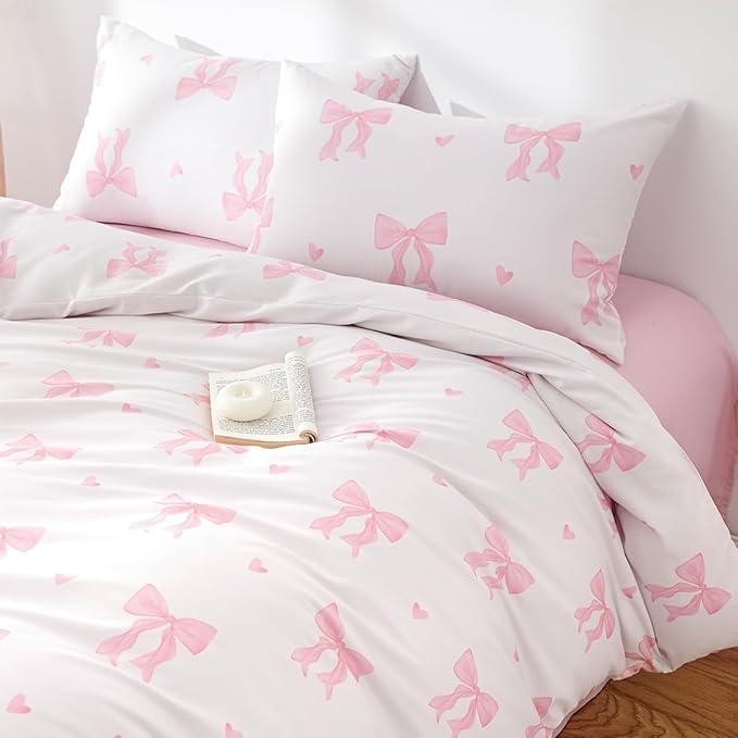 Bow Bedding Duvet Cover King 3Pcs Pink Heart Bedding Set for Girls Kids,Cute Princess Style Bowknot Love Heart Design,Ultra Soft Comforter Cover with 2 Pillowcases(No Comforter)