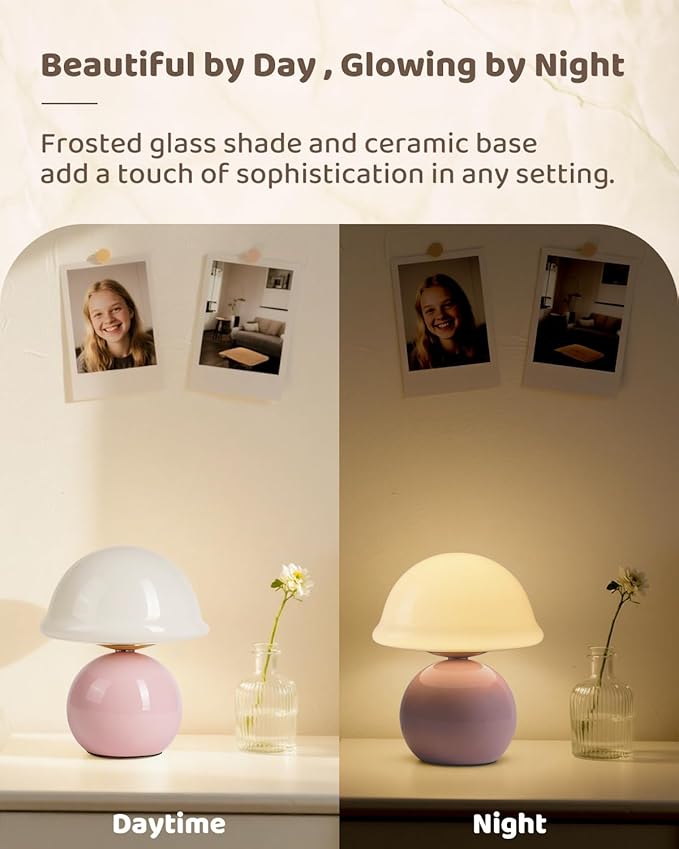 Mushroom Lamp for Bedroom, Cute Small Bedside Table Lamp with Glass Lampshade, Dimmable Nightstand Lamp Mid Century Modern Lamp for Home Living Room Decor (Pink)