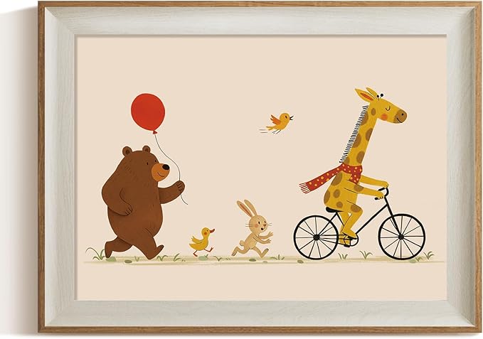 ARPEOTCY Framed Canvas Wall Art, 12x16 Inch Cute Animal Parade Print, Giraffe on Bicycle with Bear, Bunny, and Birds, Whimsical Nursery Wall Decor for Kids Room, Playroom, or Baby Bedroom