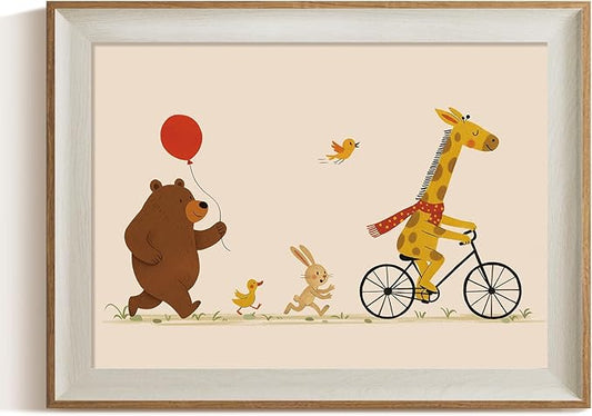 ARPEOTCY Framed Canvas Wall Art, 12x16 Inch Cute Animal Parade Print, Giraffe on Bicycle with Bear, Bunny, and Birds, Whimsical Nursery Wall Decor for Kids Room, Playroom, or Baby Bedroom