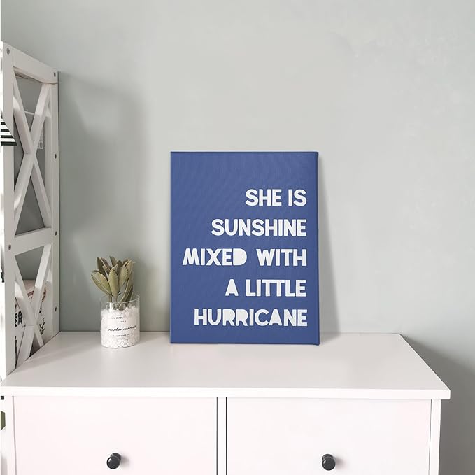 PHAMTE Girls Bedroom Wall Decor,She Is Sunshine Mixed With a Little Hurricane Girls Room Wall Art,Sunshine Print Framed Canvas Painting Artwork Girl Room Bedroom Home Nursery Playroom(11x14 Inch)（Blue-1）