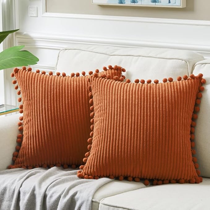 Fancy Homi Pack of 2 Rust Fall Decorative Throw Pillow Covers 18x18 Inch with Pom-poms for Living Room Couch Bedroom, Soft Corduroy Terracotta Solid Square Cushion Case 45x45 cm, Boho Home Decor