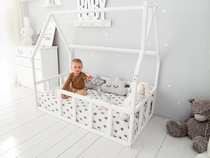 BUSY WOOD Toddler Floor Bed - Montessori Bed with Rails - Floor Bed for Toddlers - House for Kids - Floor Bed Frame - Toddler Bed - Montessori Bed (Model 1 for Sleeping ONLY)