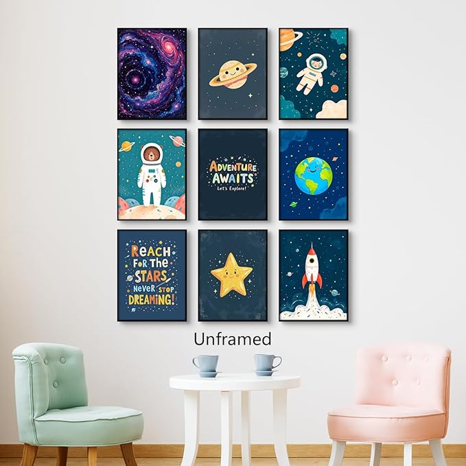9 Pieces Outer Space Theme Nursery Canvas Wall Art, Charming Bear Astronaut Planets Rocket Poster for Kids Room, Baby Boys Playroom Bedroom Stars Cosmos Picture Print 12x16in Unframed