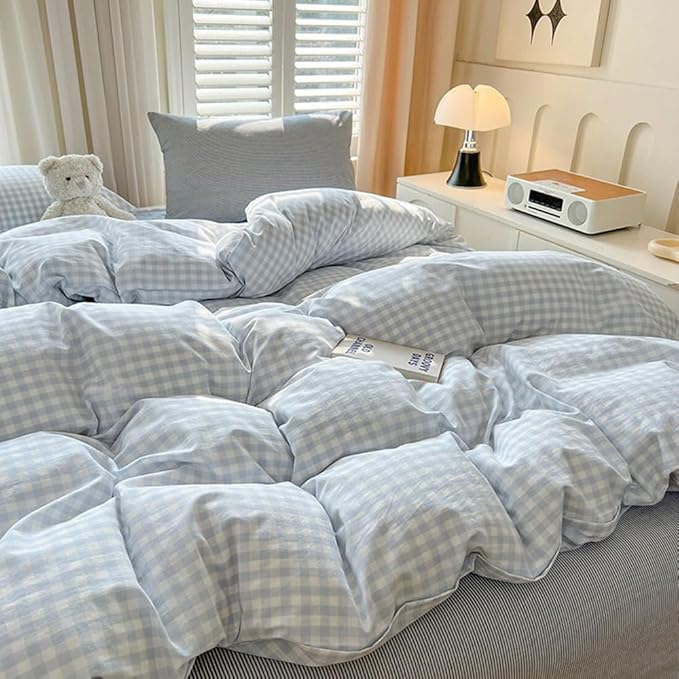 Nayoroom Blue Gingham Comforter Set Twin Size Plaid Checkered Comforter Kids Boys 2 Pcs Soft Lightweight Grid Farmhouse Dorm Bedding Set for All Seasons (1 Comforter, 1 Pillowcase)