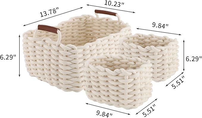 JJSQYLAN Cotton Rope Blanket Storage Basket for shelf,small decorative woven basket Organization and storage for Candy Food Nursery Baby Clothes Towels Diaper Caddy Books (Set of 3, White)