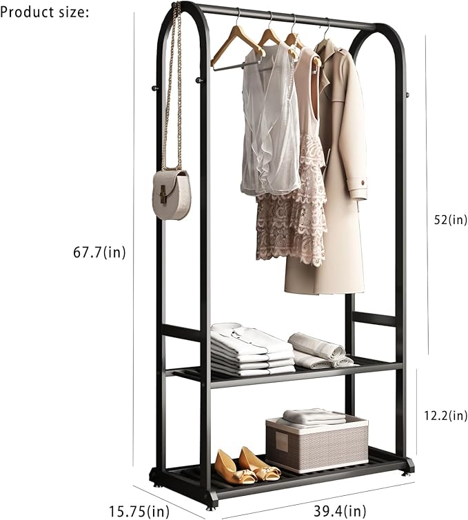 Heavy duty clothes rack,Metal Clothing rack for hanging clothes,garment rack with bottom shelves and 6 side hooks for bedroom cloakroom(black, L:39.4)