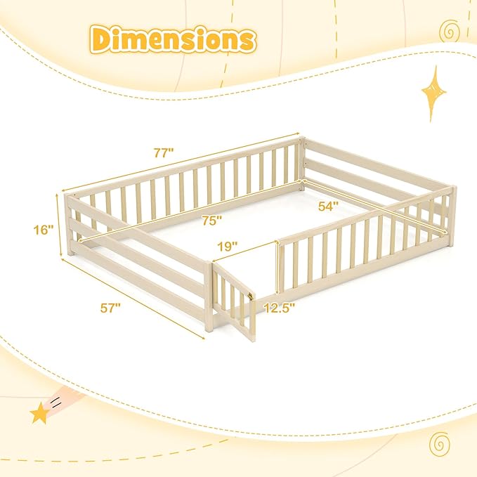 KOMFOTT Full Size Wood Floor Bed with Door & Fence, Montessori Bed Frame with Full Length Safety Guardrails, Door & Latch, Wooden Montessori Floor Bed for Kids, Girls, Boys (Full,Natural)