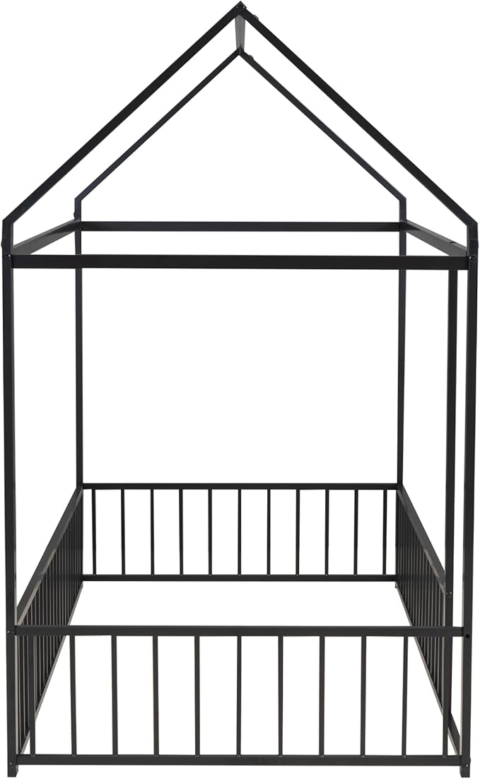 Bellemave Twin Size Montessori Floor Bed, Metal House Bed Framefor Kids, Montessori Floor Beds with Fence, Playhouse for Kids,Black