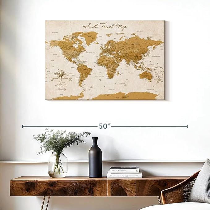 ElephantStock - Personalized Travel Push Pin World Map Wall Art - Horizontal Canvas Wall Art - Living Room Wall Decor - Digital Art Map Canvas Art - Orange And Beige Decor - 36" x 24"