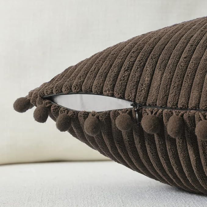 Fancy Homi Pack of 2 Dark Brown Decorative Throw Pillow Covers 12x12 Inch with Pom-poms for Couch Bed, Soft Corduroy Solid Square Cushion Case 30x30 cm, Farmhouse Boho Home Decor