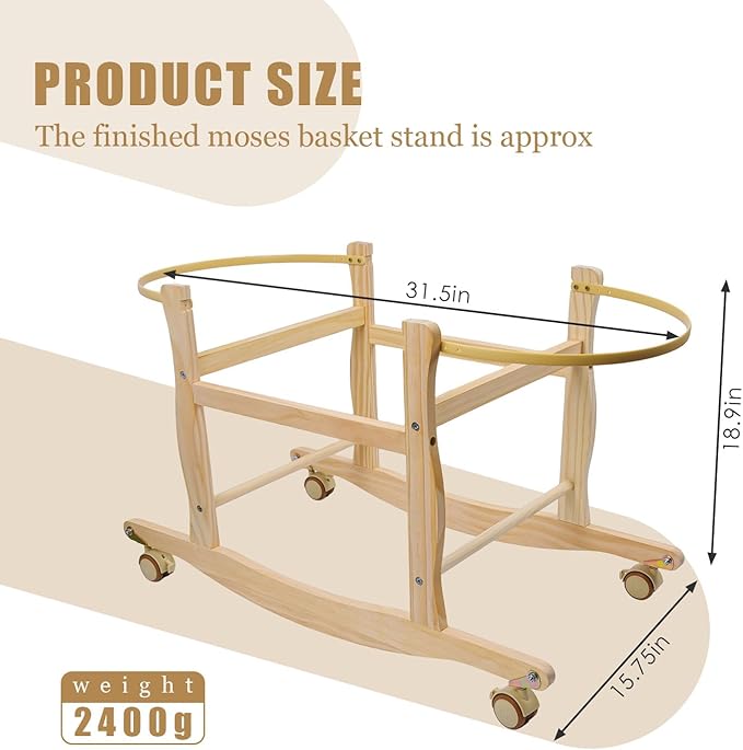Moses Basket Stand, Bassinets Stand, Wooden Rocking Moses Baskets Stand for Baby Bassinets, Mose Basket Bassinet Stand Adjustable Bassinet Rocker with Wheels