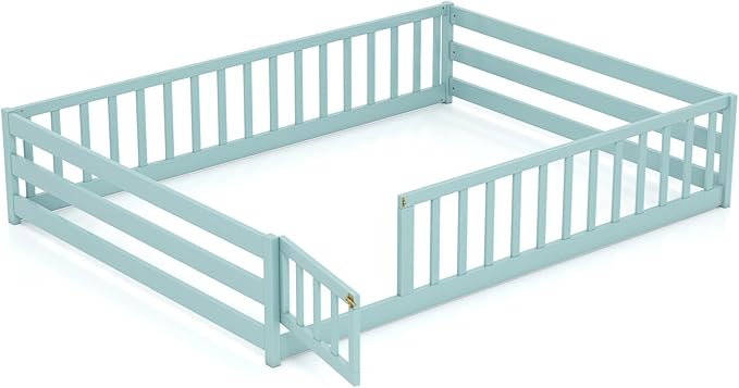 KOMFOTT Full Size Wood Floor Bed with Door & Fence, Montessori Bed Frame with Full Length Safety Guardrails, Door & Latch, Wooden Montessori Floor Bed for Kids, Girls, Boys (Full,Green)