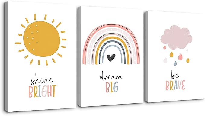 LUHDFYS Boho Rainbow Nursery Wall Art,Dream Big Canvas Print,Rainbow Sun Cloud Inspirational Poster,Wrapped Canvas Kids Room Decor