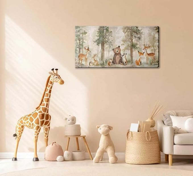 Woodland Animal Nursery Canvas Wall Art Wild Animals Forest Paintings Pictures Wall Decor Fox Bear Deer Watercolor Poster Print Artwork for Boys Room Girls Room Home Decoration （Framed）