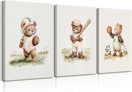 3Pcs Nursery Teddy Bear Canvas Wall Art Vintage Sports Bear Wall Decor Sports Boys'Room Artwork Prints Basketball Football Baseball Painting Pictures for Children's Room Boys' Room (16x24in Canvas)