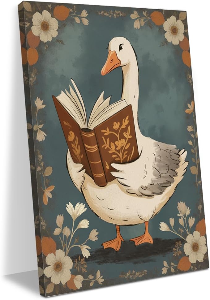 Vintage Framed Goose Wall Art Watercolor Print Book Lovers Gifts Bookish Gifts Wall Decor Canvas Wall Art Framed Prints Artwork Posters for Living Room Kitchen Bathroom Decorations 11.5X14.5 Inch