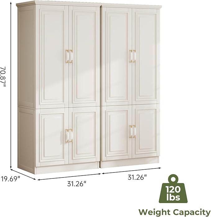 Solid Wood Wardrobe Closet:TemkTuek 70.87" Armoire,Clothing Storage Cabinet with Mirror,Doors,Shelves and Hanging Rails,Vintage Freestanding,Bedroom,White(18-18)
