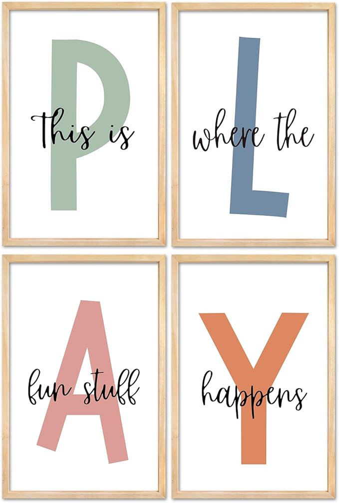 Surfapans Nursery Playroom Wall Decor 24"×16" Set of 4 This Is Where The Fun Stuff Happens Play sign Wooden Framed for Children's Room Wall Hanging Art (Wood)