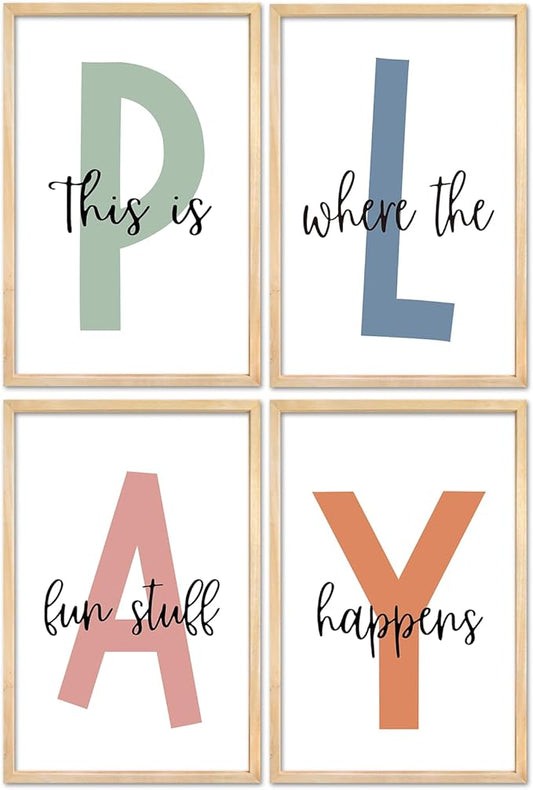 Surfapans Nursery Playroom Wall Decor 24"×16" Set of 4 This Is Where The Fun Stuff Happens Play sign Wooden Framed for Children's Room Wall Hanging Art (Wood)